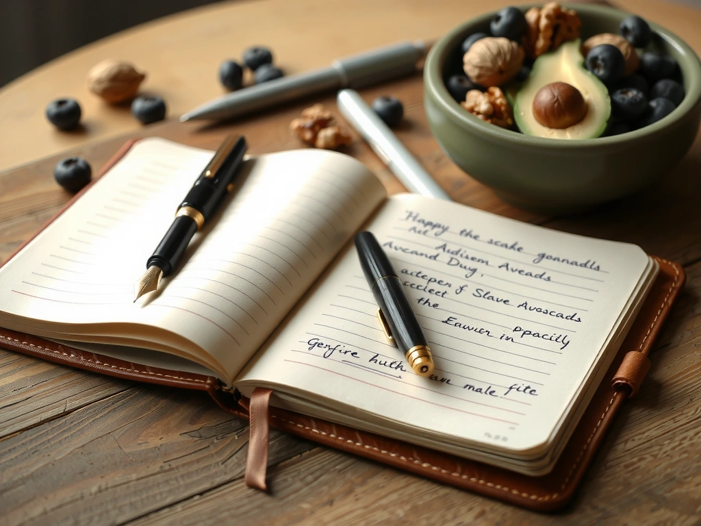 Notizbuch und Lebensmittel